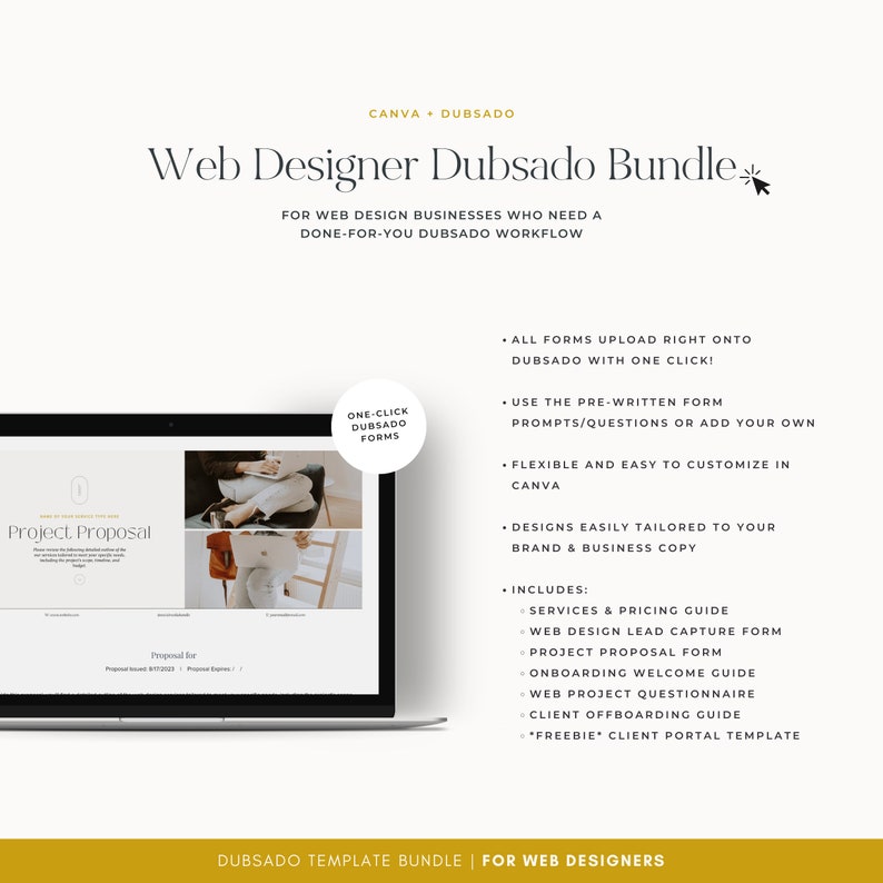 May include: A laptop computer screen displaying a web design proposal template. The template is designed for use with Dubsado, a popular client management platform. The template includes a project proposal, onboarding welcome guide, and client offboarding guide. The text "Project Proposal" is displayed on the screen.