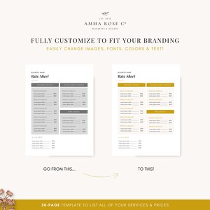 May include: A 30-page template to list all of your services and prices. The template is customisable and includes sections for graphic design, social media design, web design, and &agrave; la carte services. The template is designed to help you create a professional and easy-to-read rate sheet.