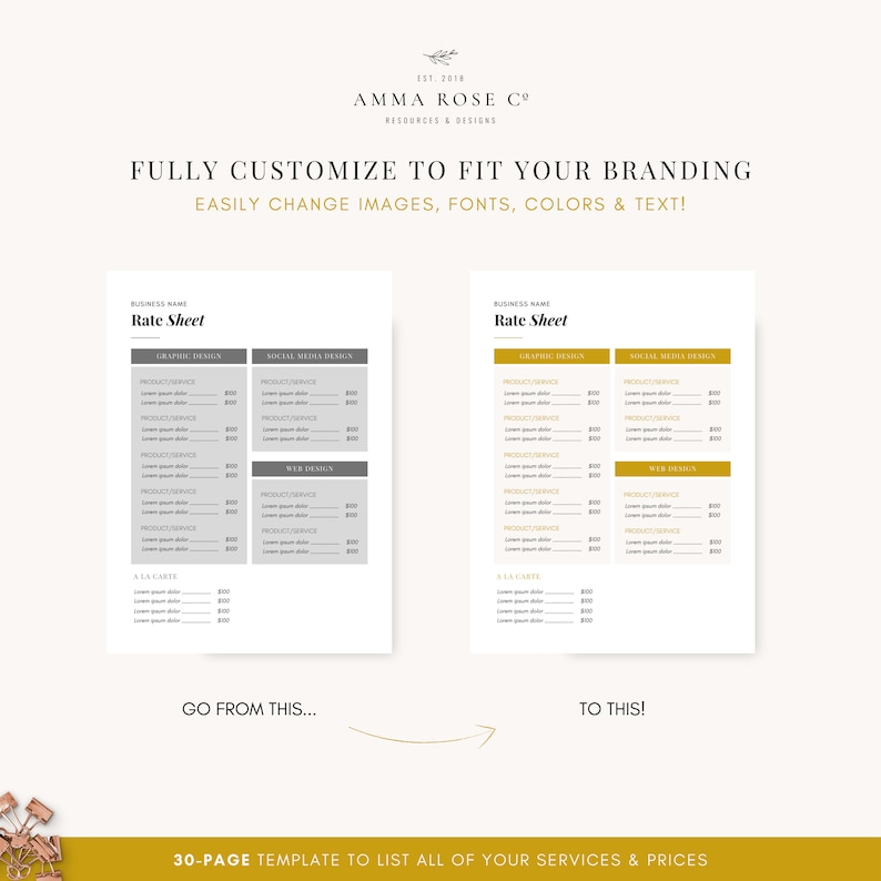 May include: A 30-page template to list all of your services and prices. The template is customisable and includes sections for graphic design, social media design, web design, and &agrave; la carte services. The template is designed to help you create a professional and easy-to-read rate sheet.