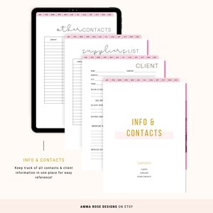 May include: A digital planner page with a pink and gold design. The page is titled "Info & Contacts" and includes sections for clients, suppliers, and other contacts. The page also includes a calendar for each month of the year.