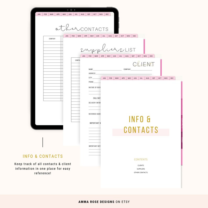 May include: A digital planner page with a pink and gold design. The page is titled "Info & Contacts" and includes sections for clients, suppliers, and other contacts. The page also includes a calendar for each month of the year.