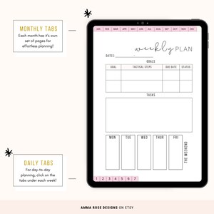 May include: A digital planner template on a tablet screen. The planner includes a weekly plan section with a calendar, goals, tasks, and a daily tab section. The text "weekly PLAN" is written in cursive.