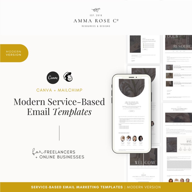 Pu&ograve; includere: Un'immagine promozionale per modelli di email moderni basati sui servizi, progettati per freelance e aziende online. L'immagine include uno smartphone che mostra un modello di email, i loghi Canva e Mailchimp e il testo "Modern Service-Based Email Templates."