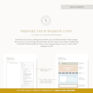 May include: A workbook titled "Prepare Your Website Copy" with a light blue and white website mockup. The workbook is designed to help you map out your webpages and website copy. It includes a 30-page guide with pre-designed page anatomy for your Home Page, About Me Page, Services Page, Contact Page, and Blog Page.