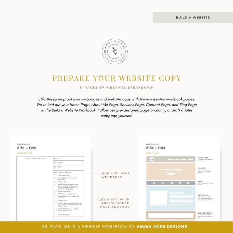 May include: A workbook titled "Prepare Your Website Copy" with a light blue and white website mockup. The workbook is designed to help you map out your webpages and website copy. It includes a 30-page guide with pre-designed page anatomy for your Home Page, About Me Page, Services Page, Contact Page, and Blog Page.