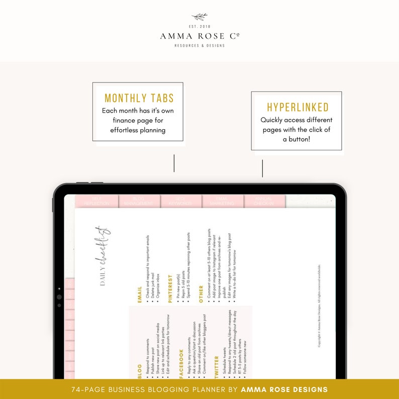 May include: A pink and white digital planner with the text "DAILY checklist" on the left side of the screen. The planner is open to a page with a list of tasks for different social media platforms, including blog, email, Facebook, Pinterest, Twitter, and other.