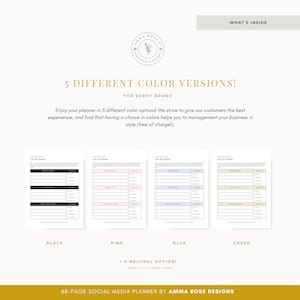 May include: A social media planner with 68 pages, featuring five different color options: black, pink, blue, and green. The planner includes a list of content ideas and a section for scheduling posts. The planner is designed to help businesses manage their social media presence.