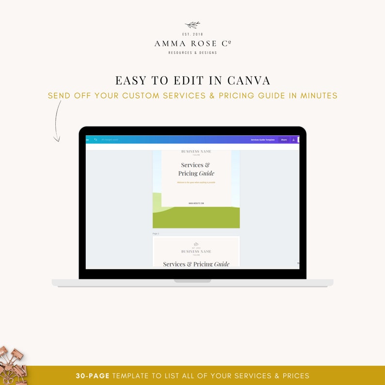 May include: A laptop screen displaying a 30-page template for a services and pricing guide. The template is designed to be easily edited in Canva. The text on the screen reads "Services & Pricing Guide".