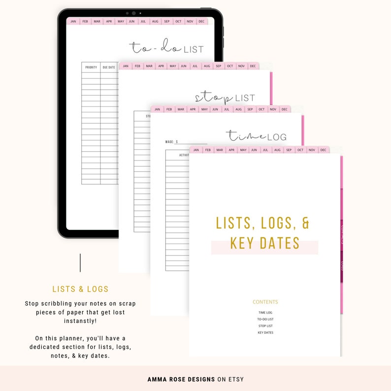 May include: A digital planner with a pink and white color scheme. The planner includes sections for to-do lists, stop lists, time logs, and key dates. The planner is designed to help users organize their time and tasks.