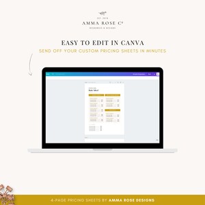 Peut inclure: Un &eacute;cran d'ordinateur portable affichant un document Canva avec un mod&egrave;le de "Feuille de tarifs" en or et blanc. Le document est intitul&eacute; "Tarification et plans" et comprend des colonnes pour "Service", "Taux horaire", "Prix du forfait" et "Nouvelle offre".