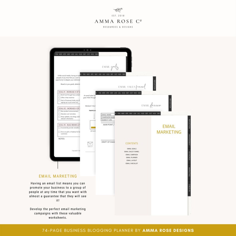 May include: A digital planner for email marketing with a gold and black design. The planner includes sections for email goals, sales funnels, email campaigns, email layout, and an email checklist. The text "74-PAGE BUSINESS BLOGGING PLANNER BY AMMA ROSE DESIGNS" is at the bottom of the page.