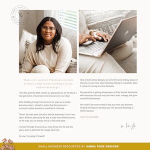 May include: A woman sits in a chair with a laptop computer on her lap. The text on the screen reads "Maps are essential. Planning a journey without a map is like building a house without drawings." The text below the image reads "Here at Amma Rose Designs, we solve the never-ending, always in the back of your mind, heart clenching feeling of overwhelm when it comes to running an online business."