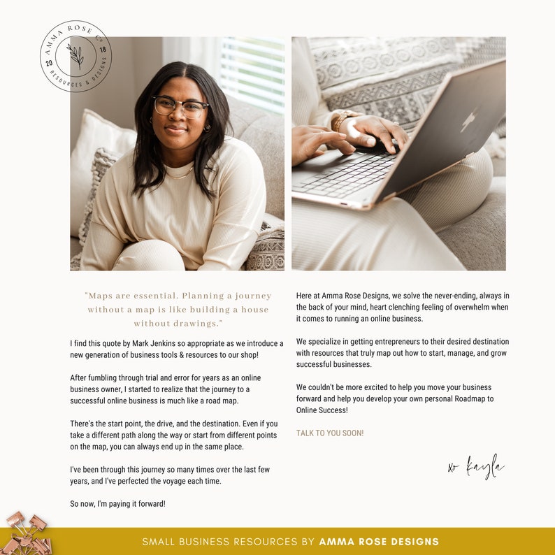 May include: A woman sits in a chair with a laptop computer on her lap. The text on the screen reads "Maps are essential. Planning a journey without a map is like building a house without drawings." The text below the image reads "Here at Amma Rose Designs, we solve the never-ending, always in the back of your mind, heart clenching feeling of overwhelm when it comes to running an online business."