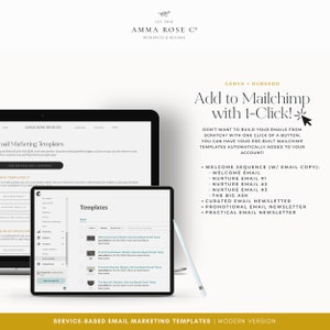Pu&ograve; includere: Una grafica di marketing digitale con il testo "Aggiungi a Mailchimp con 1 clic!" e "Modelli di email marketing basati sui servizi". L'immagine mostra un laptop e un tablet che visualizzano modelli di email, con uno stilo. Il marchio "Amma Rose Co" &egrave; in alto.