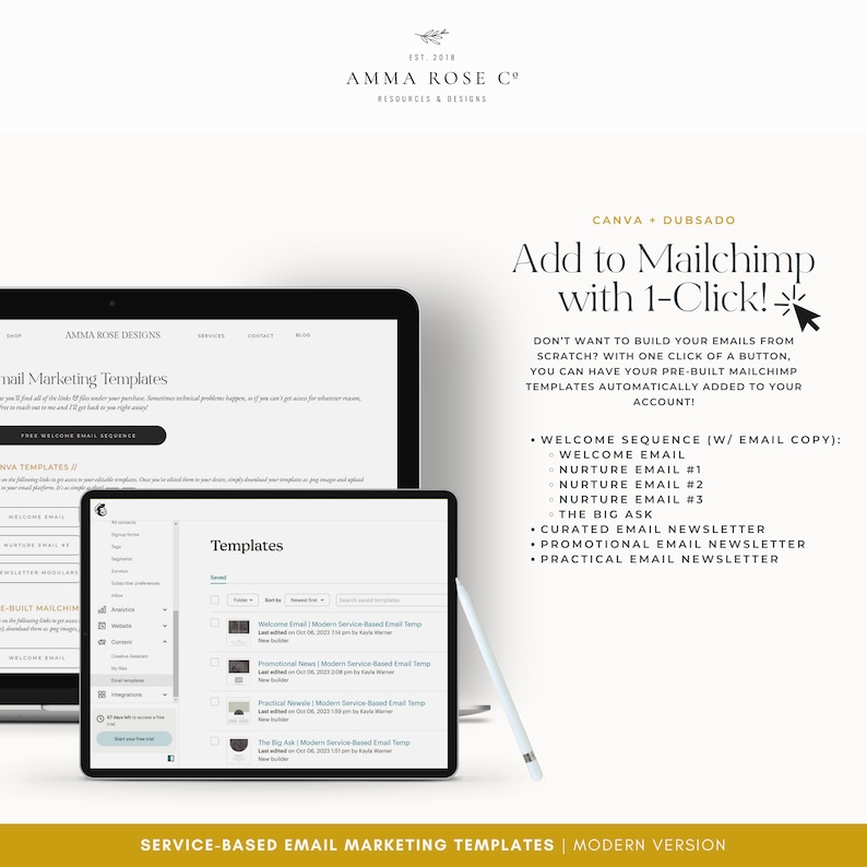 Pu&ograve; includere: Una grafica di marketing digitale con il testo "Aggiungi a Mailchimp con 1 clic!" e "Modelli di email marketing basati sui servizi". L'immagine mostra un laptop e un tablet che visualizzano modelli di email, con uno stilo. Il marchio "Amma Rose Co" &egrave; in alto.