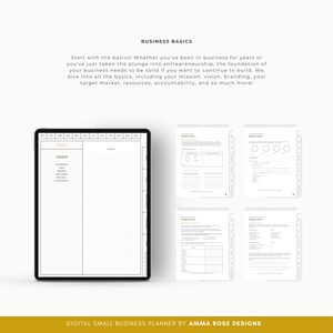 May include: A digital planner for small businesses with a white background and black text. The planner is divided into sections for "Basics" and "Contents". The "Contents" section includes "Fundamentals", "Mission", "Vision", "Target Market", "Resources", and "Accountability".