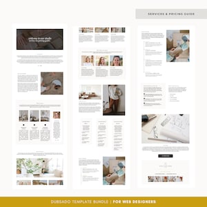May include: A digital guide for web designers, featuring a welcome message, a list of services, pricing information, and a call to action. The guide includes images of interior design projects, a designer's workspace, and a mood board.