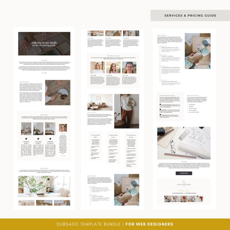 May include: A digital guide for web designers, featuring a welcome message, a list of services, pricing information, and a call to action. The guide includes images of interior design projects, a designer's workspace, and a mood board.