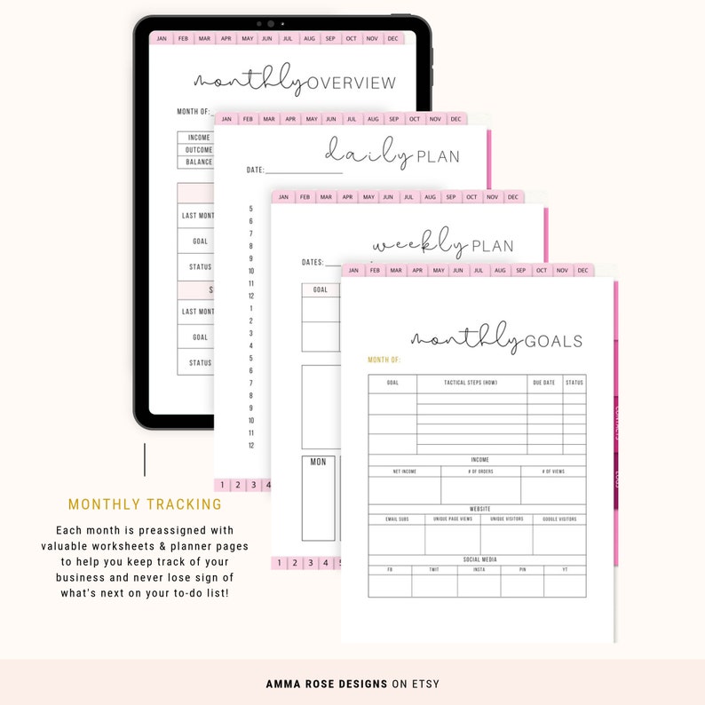 May include: A digital planner template for tracking monthly income, expenses, goals, and tasks. The planner includes sections for daily, weekly, and monthly planning. The template is designed with a pink and white color scheme and features a modern, minimalist aesthetic.
