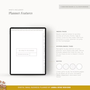 May include: A digital small business planner with a white background and gold text. The planner includes an index page, hyperlinked tabs, and notes pages. The text "BUSINESS PLANNER" is in a box at the top of the planner.