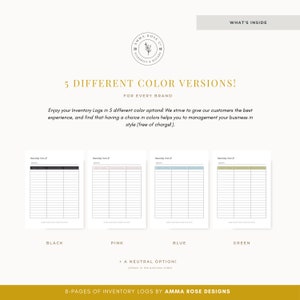 May include: Five different color versions of inventory log pages. The pages are black, pink, blue, and green. The text on the page says "Remaining On Hand (OH)".