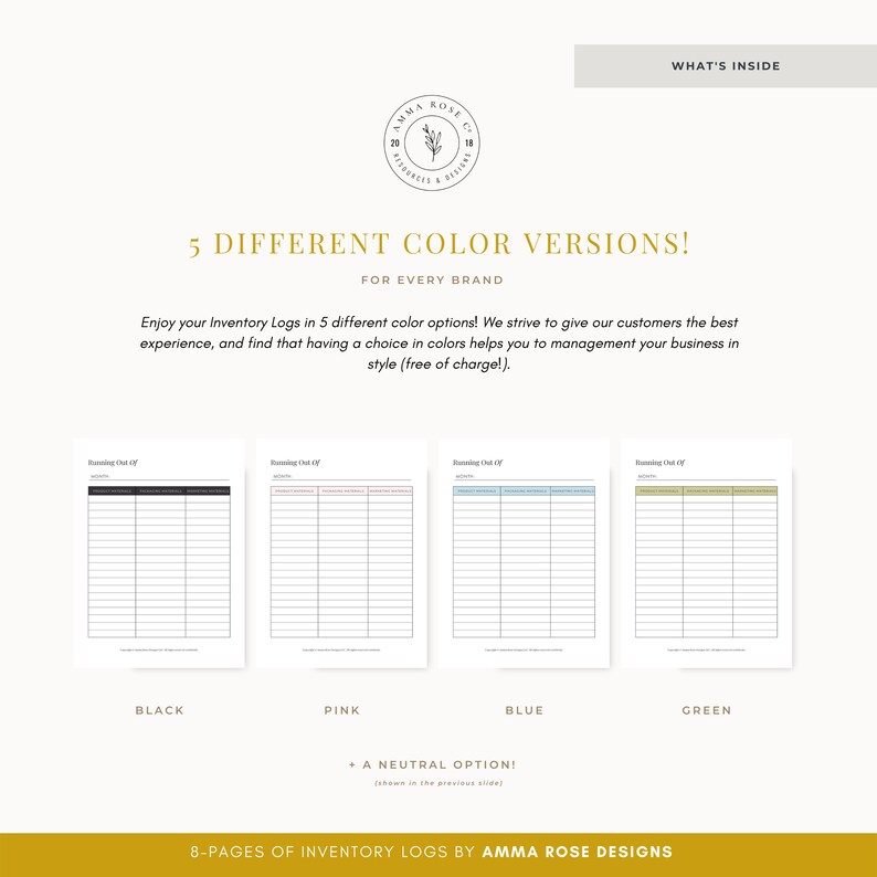 May include: Five different color versions of inventory log pages. The pages are black, pink, blue, and green. The text on the page says "Remaining On Hand (OH)".