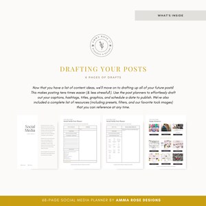May include: A social media planner with a gold and white cover. The cover has the text "Drafting Your Posts" and "6 Pages of Drafts". The planner is designed to help users plan and schedule their social media posts.