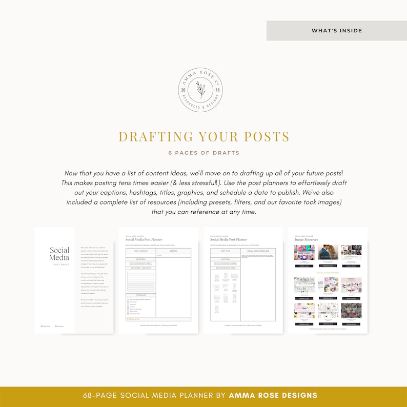 May include: A social media planner with a gold and white cover. The cover has the text "Drafting Your Posts" and "6 Pages of Drafts". The planner is designed to help users plan and schedule their social media posts.