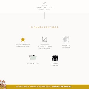 May include: A graphic with planner features, including high quality design, dimensions in US Letter and A4 sizes, instant PDF download, lifetime access, and customer support. The text "30-PAGE BUILD A WEBSITE WORKBOOK BY AMMA ROSE DESIGNS" is at the bottom.