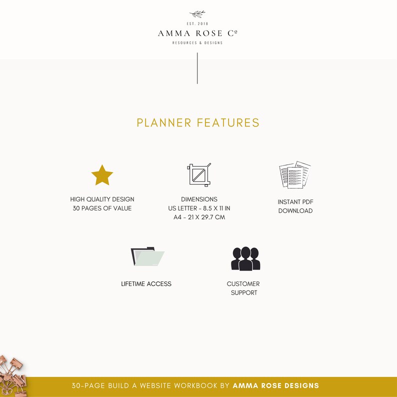 May include: A graphic with planner features, including high quality design, dimensions in US Letter and A4 sizes, instant PDF download, lifetime access, and customer support. The text "30-PAGE BUILD A WEBSITE WORKBOOK BY AMMA ROSE DESIGNS" is at the bottom.