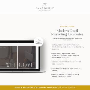 Pu&ograve; includere: Un modello di marketing digitale con il testo "Modelli di email marketing moderni". Il design include un laptop che mostra la parola "WELCOME" e un elenco di funzionalit&agrave;, inclusi 52 modelli modulari di email modificabili.