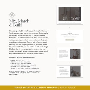 Pu&ograve; includere: Grafica promozionale per modelli di email, con il testo "Mix, Match & Build". Il design include il testo "WELCOME" e "YOUR INBOX JUST GOT A LITTLE BRIGHTER". La parte inferiore della grafica recita "SERVICE-BASED EMAIL MARKETING TEMPLATES | MODERN VERSION".