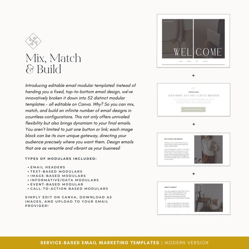 Pu&ograve; includere: Grafica promozionale per modelli di email, con il testo "Mix, Match & Build". Il design include il testo "WELCOME" e "YOUR INBOX JUST GOT A LITTLE BRIGHTER". La parte inferiore della grafica recita "SERVICE-BASED EMAIL MARKETING TEMPLATES | MODERN VERSION".