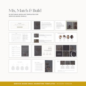 Pu&ograve; includere: Un modello di marketing digitale con il testo "Mix, Match & Build" e "52 modelli modulari modificabili per e-mail basate sui servizi". Il design include vari esempi di layout di e-mail, con una tavolozza di colori neutri.