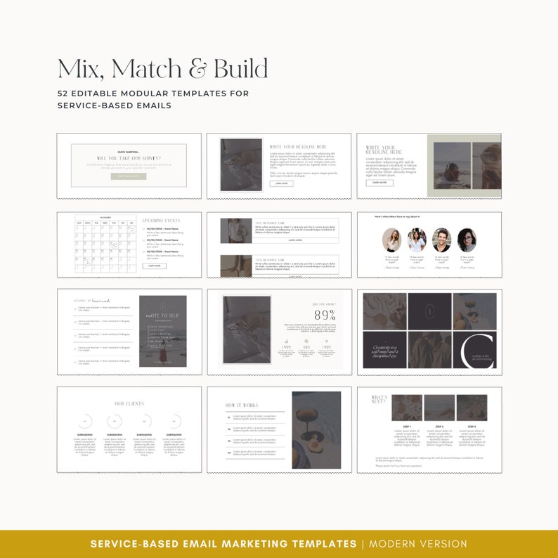 Pu&ograve; includere: Un modello di marketing digitale con il testo "Mix, Match & Build" e "52 modelli modulari modificabili per e-mail basate sui servizi". Il design include vari esempi di layout di e-mail, con una tavolozza di colori neutri.