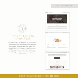 May include: A collection of 20+ Canva templates for web designers. The templates feature a minimalist aesthetic with a neutral colour palette of beige, white, and light brown. The text on the templates includes "Welcome to our studio, services & pricing guide" and "Your logo here".