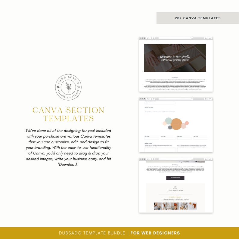 May include: A collection of 20+ Canva templates for web designers. The templates feature a minimalist aesthetic with a neutral colour palette of beige, white, and light brown. The text on the templates includes "Welcome to our studio, services & pricing guide" and "Your logo here".
