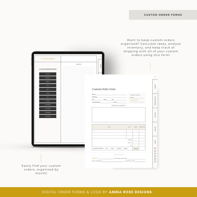 May include: A digital printable form for tracking custom orders. The form includes sections for customer information, order details, a sketch area, and a table for itemizing orders. The form also includes a section for payment method, shipping method, and order notes.