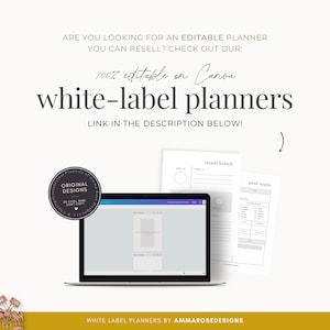 May include: A laptop computer screen displaying a Canva design template for a white-label planner. The template is titled "Visual Brand" and includes sections for "Power Words", "Brand Colors", "Brand Fonts", and "Brand Style Guide". The laptop is on a white surface with a gold paperclip and a black and white sticker that says "Original Designs" with the text "Be Cool, Bare, Don't Copy".