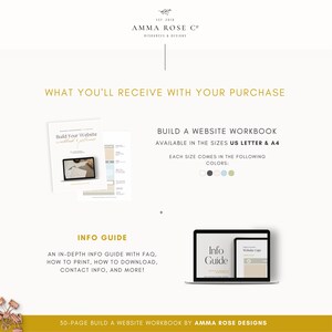 May include: A digital product listing for a website workbook and info guide. The workbook is titled "Build Your Website Workbook & Planner" and is available in US Letter and A4 sizes. The info guide is titled "Info Guide" and is available in digital format. The workbook is available in several colors: white, black, light blue, and beige.