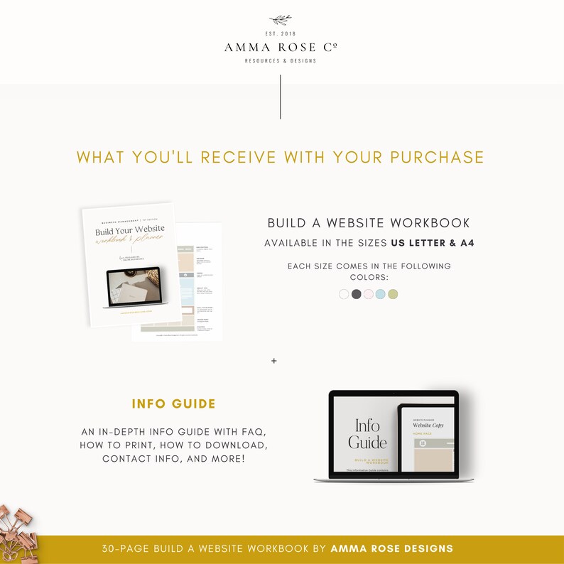 May include: A digital product listing for a website workbook and info guide. The workbook is titled "Build Your Website Workbook & Planner" and is available in US Letter and A4 sizes. The info guide is titled "Info Guide" and is available in digital format. The workbook is available in several colors: white, black, light blue, and beige.