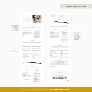 May include: A project proposal form template designed for web designers. The template includes sections for project overview, deliverables, timeline, offers, terms and conditions, and next steps. The template is designed to be used with Dubsado, a popular business management software.