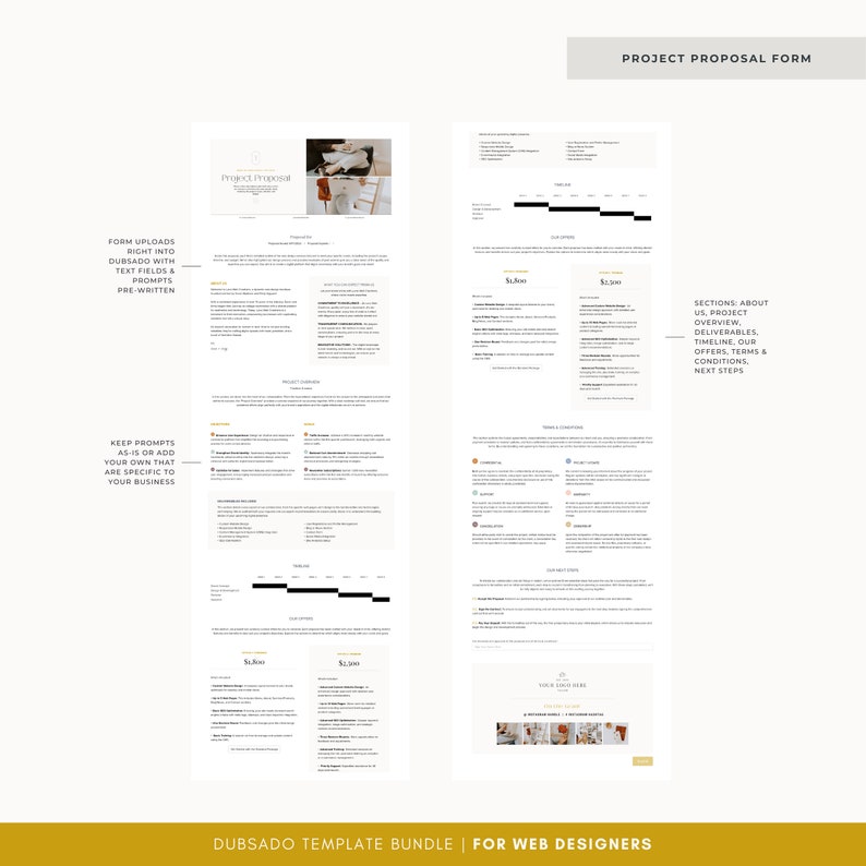 May include: A project proposal form template designed for web designers. The template includes sections for project overview, deliverables, timeline, offers, terms and conditions, and next steps. The template is designed to be used with Dubsado, a popular business management software.