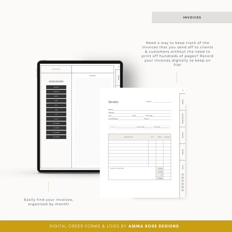 May include: A digital planner page with a black and white grid and a section for invoice records. The page includes a section for recording invoices by month, with buttons for each month of the year. The page also includes a section for creating invoices, with fields for customer information, invoice details, and a table for listing items and their prices.