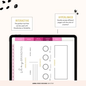 May include: A digital planner template for branding, with sections for values, brand, info and contacts, lists and logs, and goals. The template includes space for color palettes, keywords, sketches, and typography.