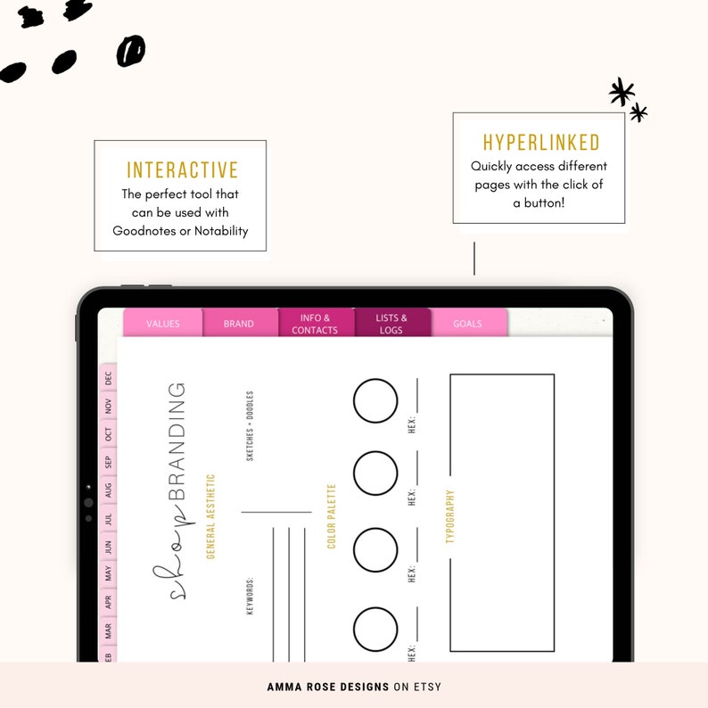 May include: A digital planner template for branding, with sections for values, brand, info and contacts, lists and logs, and goals. The template includes space for color palettes, keywords, sketches, and typography.