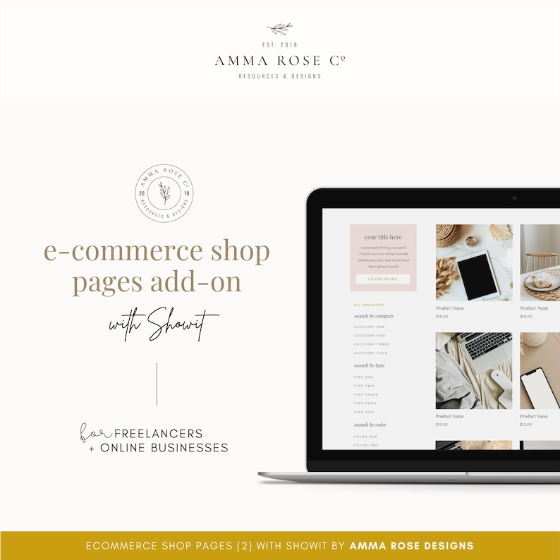 Pu&ograve; includere: Lo schermo di un computer portatile mostra una bozza di una pagina di negozio online con il testo "il tuo titolo qui" e una griglia di immagini di prodotti. Il testo "e-commerce shop pages add-on with Showit for freelancers + online businesses" &egrave; visualizzato sullo schermo.
