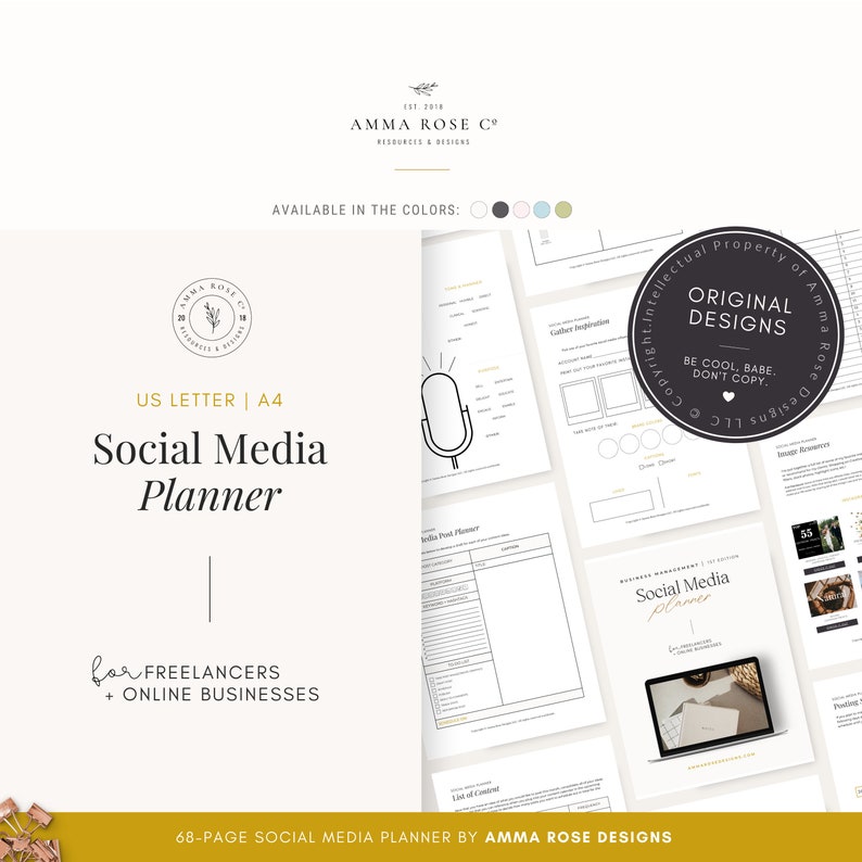 May include: A 68-page social media planner for freelancers and online businesses. The planner is available in US Letter or A4 size and comes in a variety of colors. The cover features a microphone icon and the text "Social Media Planner".