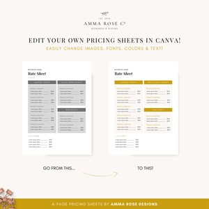 Peut inclure: Deux versions diff&eacute;rentes d'un mod&egrave;le de feuille de tarifs imprimable pour une entreprise. La premi&egrave;re version est en gris et la deuxi&egrave;me version est en or. Le texte sur le mod&egrave;le dit "Feuille de tarifs" et comprend les titres "Conception graphique", "Conception de m&eacute;dias sociaux", "Conception Web" et "&Agrave; la carte". Le texte "Passer de ceci... &agrave; cela !" est &eacute;crit sous les mod&egrave;les.