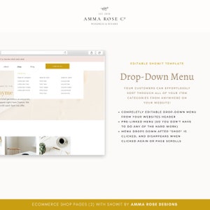 Pu&ograve; includere: Modello Showit modificabile per un menu a tendina. Il modello presenta un'intestazione del sito web con un menu pre-collegato che si apre al clic e scompare al clic successivo o allo scorrimento della pagina. Il testo recita "Menu a tendina" e "I tuoi clienti possono ordinare facilmente tutte le tue categorie di articoli da qualsiasi punto del tuo sito web!"